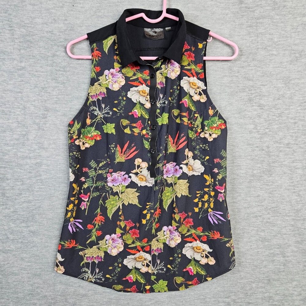 Foray Golf Women’s Floral 1/2 Button Sleeveless Laser Cut Logo Golf Tennis Top S